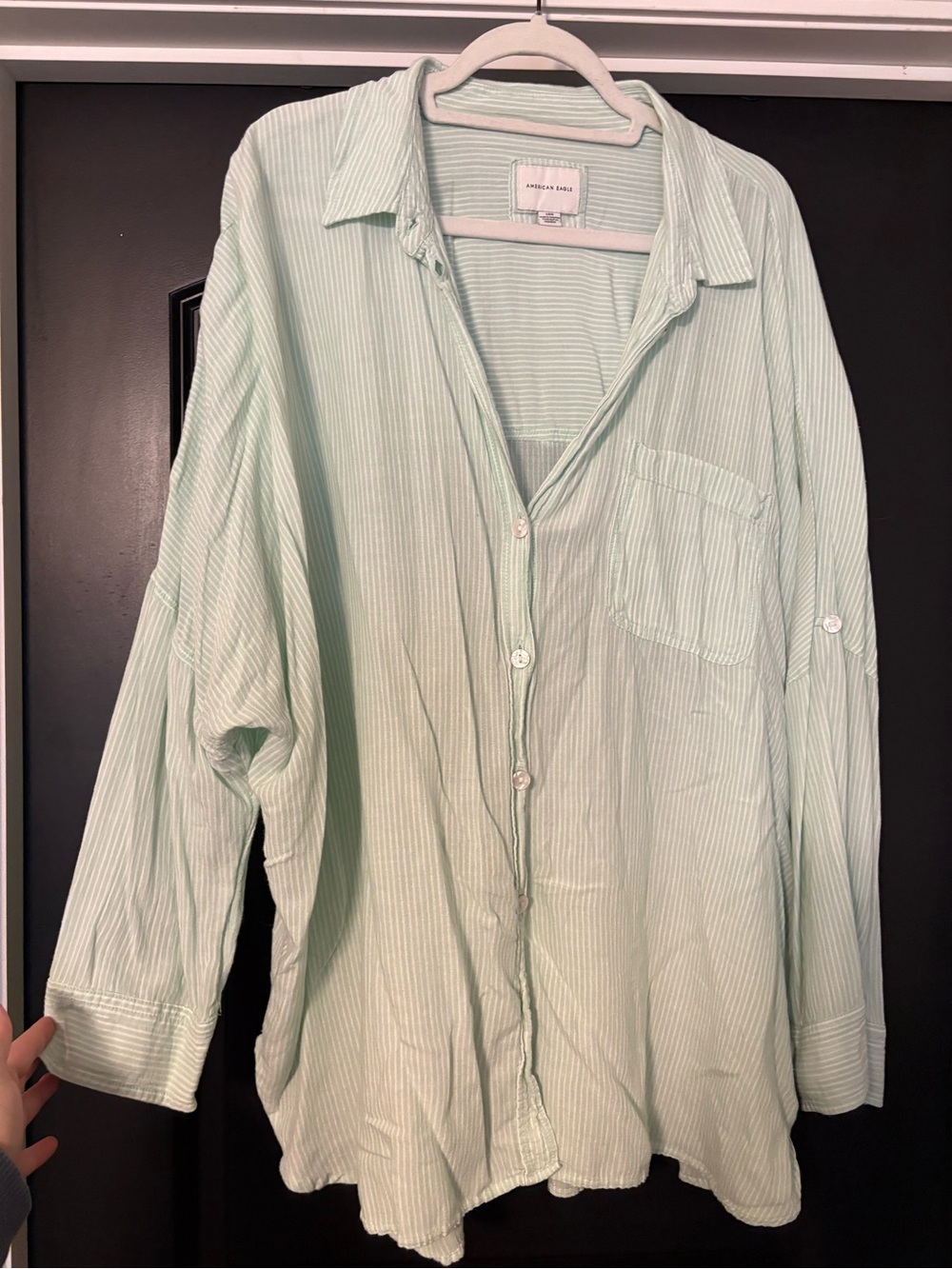 American Eagle Outfitters Light Mint Green Pinstripe Button-Down Shirt